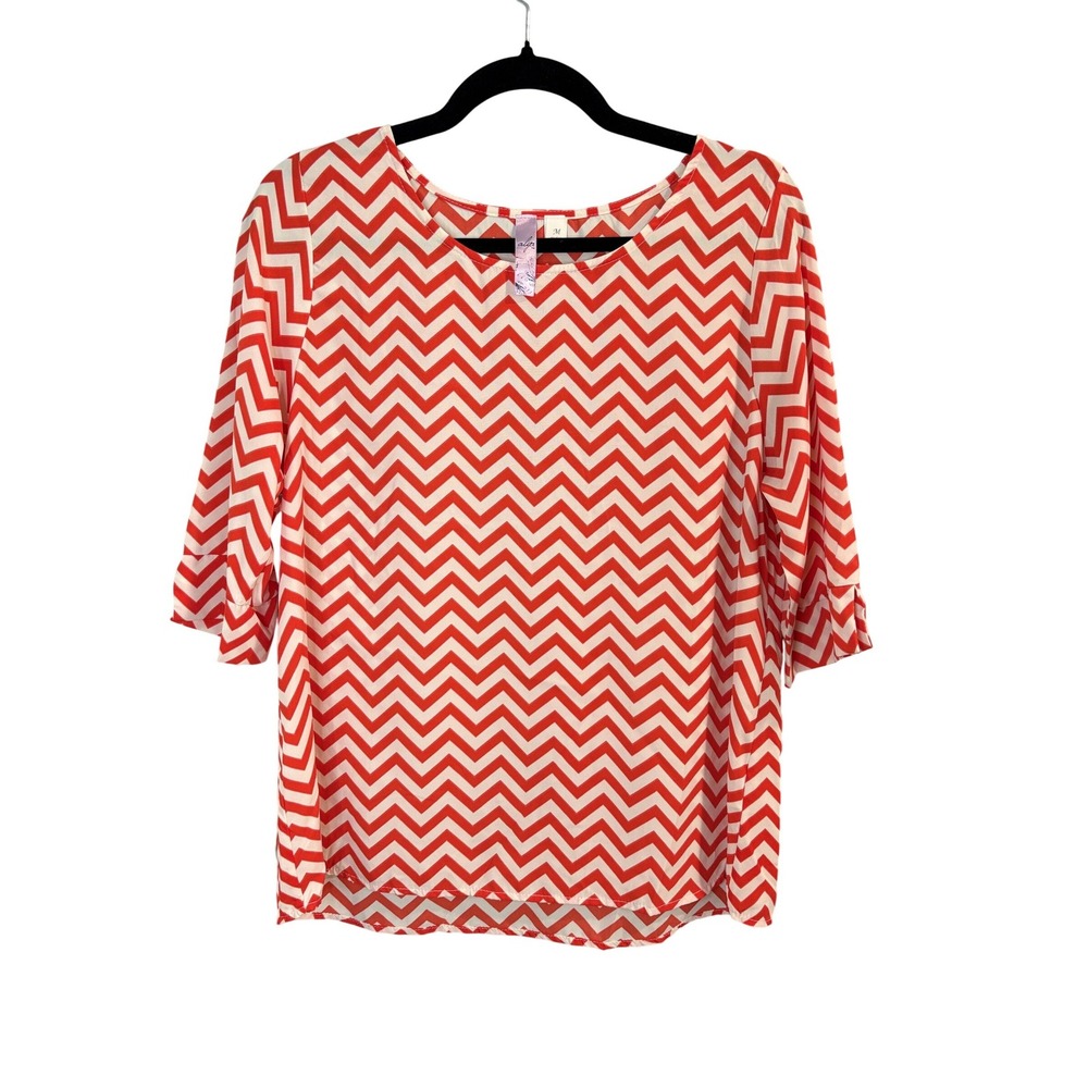Alya Orange Chevron Blouse Women Medium 3/4 Sleeve Scoop Neck Geometric Top‎